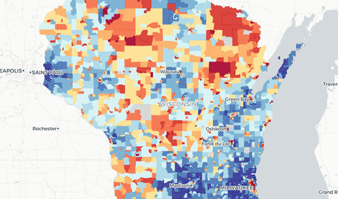 A map of Wisconsin displaying areas highlighted either a shade of blue or red