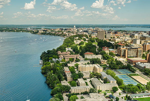 Aerial view of the greenery along the Madison lakeshore