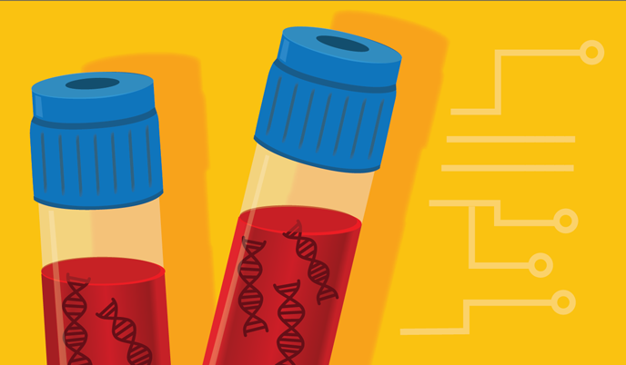 Vials of blood with DNA and circuitry, illustration by Beth Atkinson