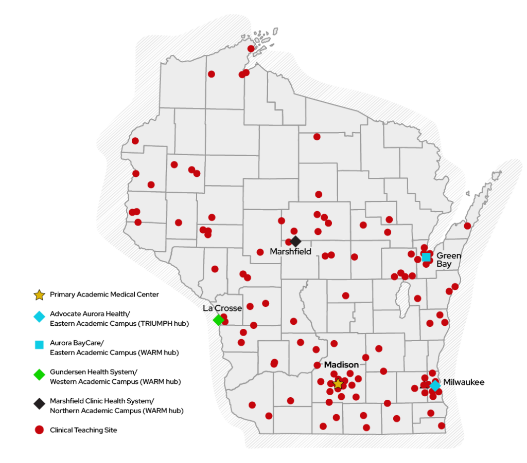 Medical students have the opportunity to learn in cities such as Madison, Milwaukee, La Crosse, Marshfield, Green Bay and many rural cities throughout Wisconsin