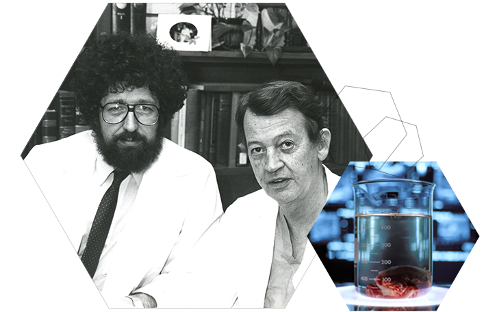 Jim Southard and Folkert "Fred" Belzer with with a beaker containing an organ and liquid