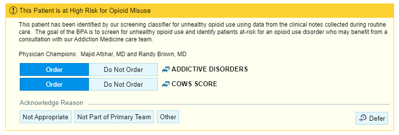 MyChart screen capture showing "This patient is at High Risk for Opioid Misuse"
