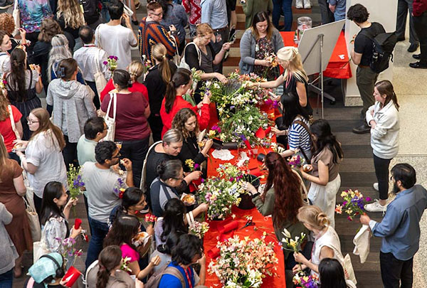 A table where staff and students could make floral arrangements