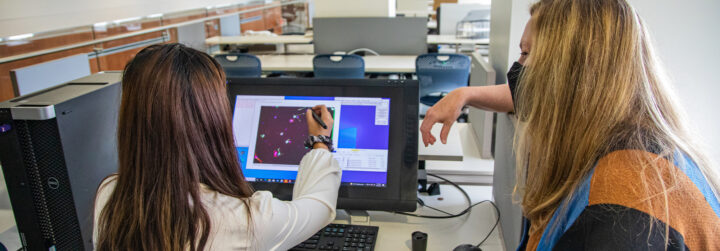 A student working on a computer with the help of a faculty member