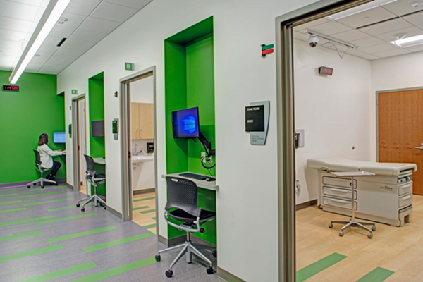View into an exam room in the Wichman Clinical Teaching and Assessment Center