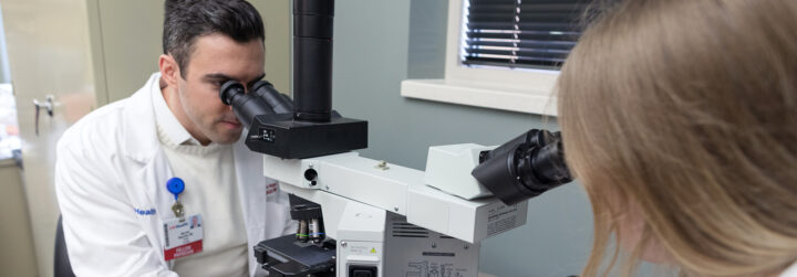 Two researchers look through microscopes