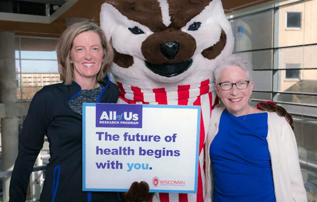 Elizabeth Burnside and Dorothy Farrar-Edwards with Bucky Badger