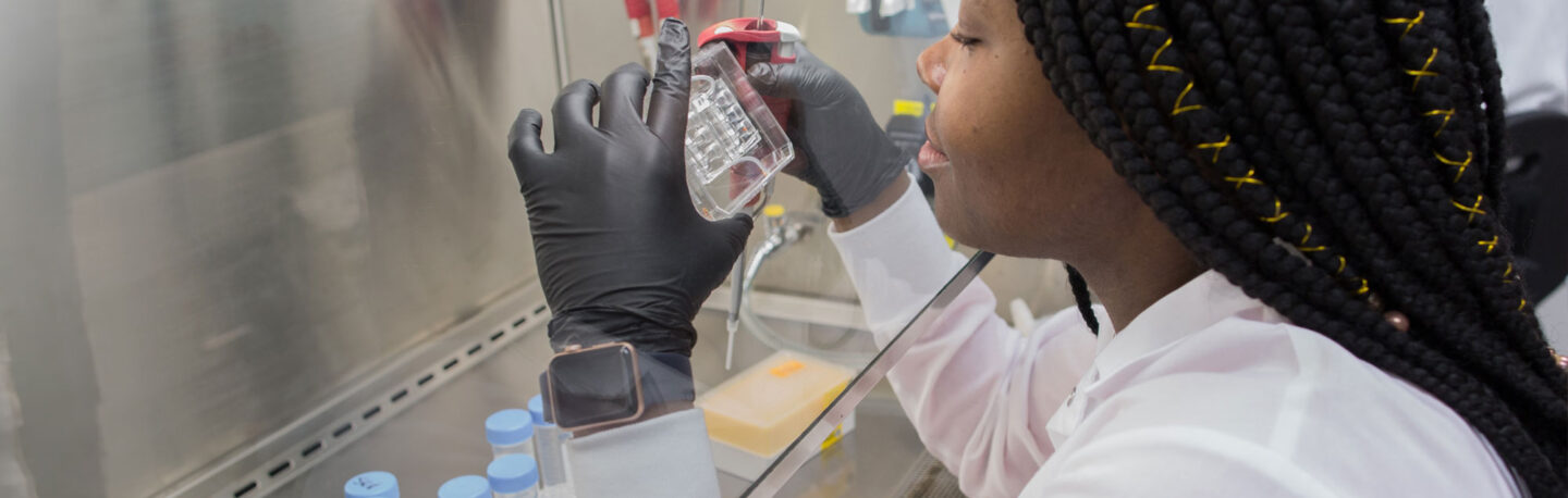 Researcher working in a lab with hands behind a fume hood