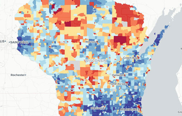 A map of Wisconsin displaying areas highlighted either a shade of blue or red