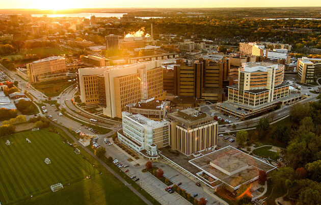 Aerial view of campus at sunset