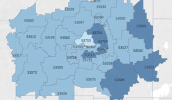A map of zipcode areas in Dane county highlighted in different shades of blue