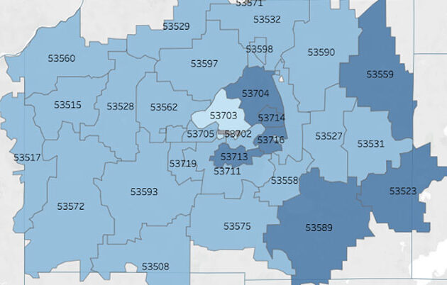 A map of zipcode areas in Dane county highlighted in different shades of blue
