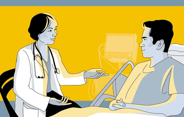 A doctor sitting beside a patient in a hospital bed, illustration by Beth Atkinson