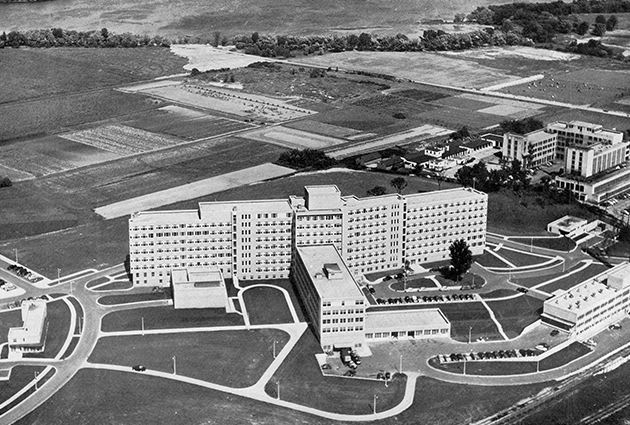 Veterans Administration Hospital surrounded by a mostly undeveloped west campus