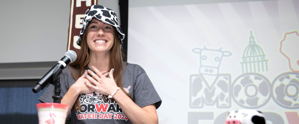 MD student wearing a cow patterned hat at Match Day 2024