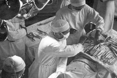Black and white photo of University Hospital surgeons from 1939
