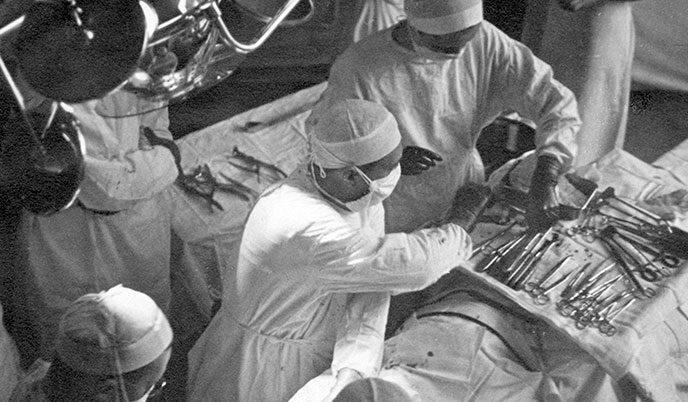 Black and white photo of University Hospital surgeons from 1939