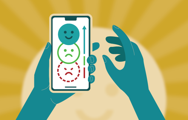 illustration of a hand holding a phone with stacked emojis going from sad to happy