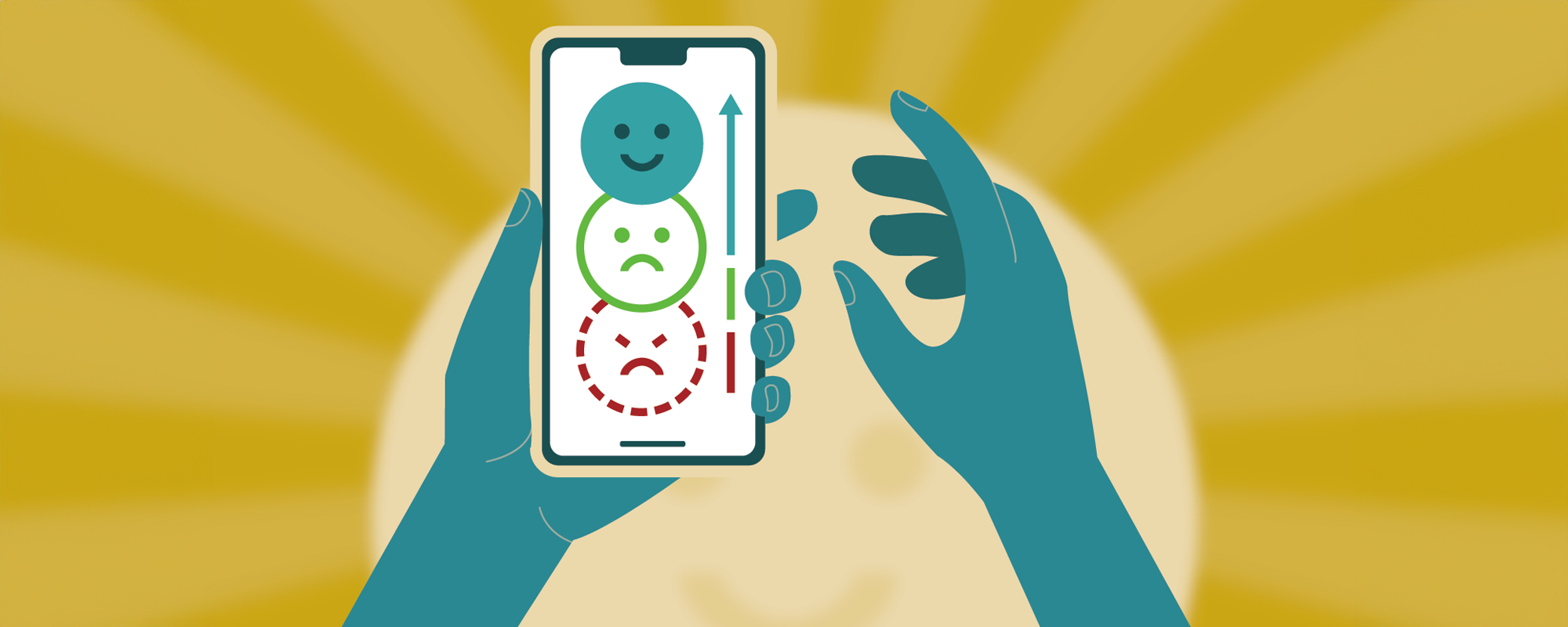 illustration of a hand holding a phone with stacked emojis going from sad to happy