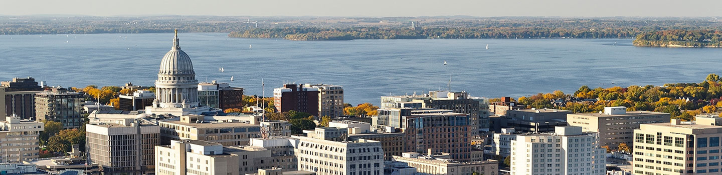 Aerial view of the Madison capitol and Lake Mendota
