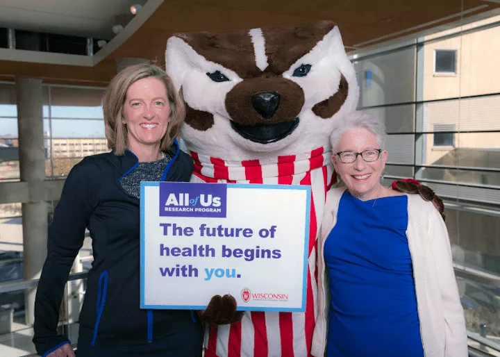 Elizabeth Burnside and Dorothy Farrar-Edwards with Bucky Badger